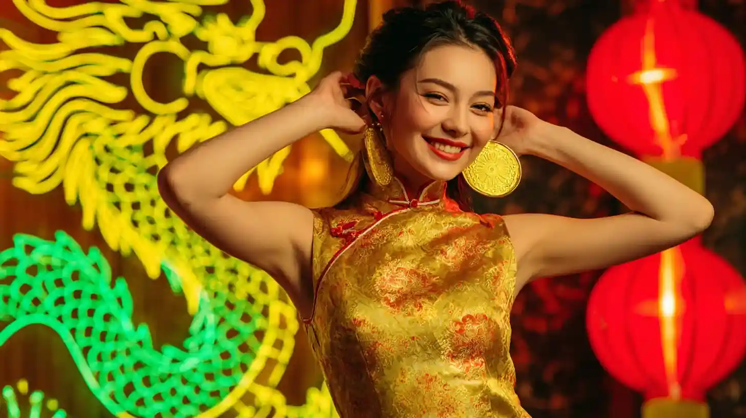 A woman wearing a traditional yellow dress with large earrings and a bright smile, celebrating festive atmosphere