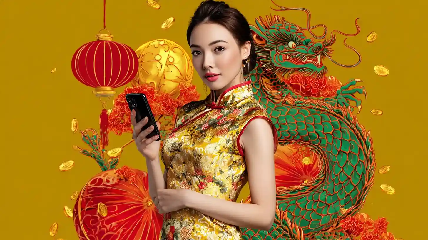 Woman in Chinese attire with a dragon design background, celebrating cultural festivities