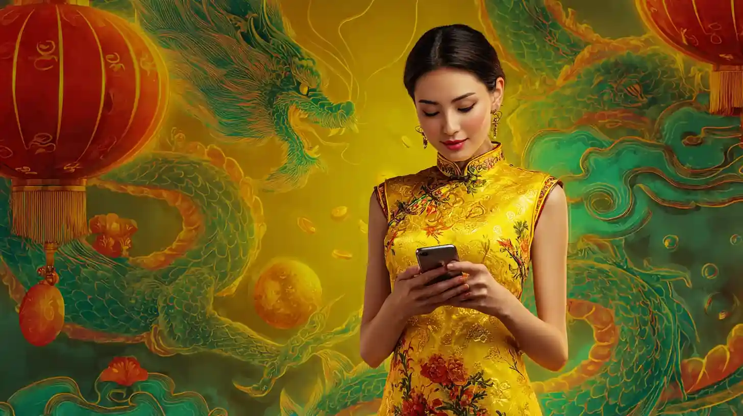 Woman dressed in gold, with a lion design background, representing casino live ambiance.