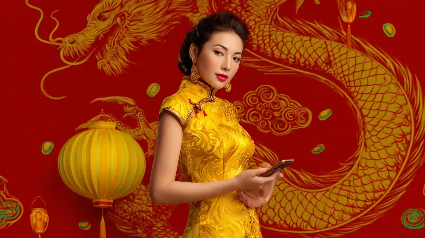Woman in floral attire holding a smartphone, with vibrant floral background, engaging in online gaming.